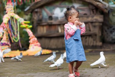 Genç Asyalı bir kız açık havada güvercinler arasında neşe içinde oynuyor..