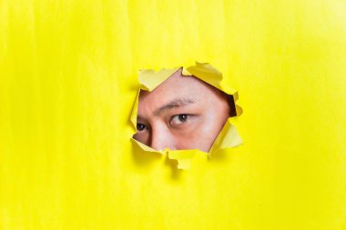 Meraklı bir göz yırtık sarı bir arkaplanı dikizler..