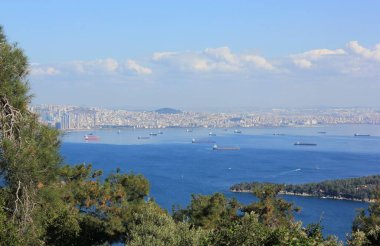 Yeşil ormanları, durgun denizi ve berrak gökyüzü olan Büyükada adasının dağlarının tepesinden manzara