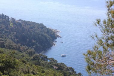 Yeşil ormanları, durgun denizi ve berrak gökyüzü olan Büyükada adasının dağlarının tepesinden manzara