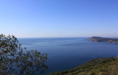 Yeşil ormanları, durgun denizi ve berrak gökyüzü olan Büyükada adasının dağlarının tepesinden manzara