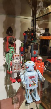 ANKARA, TURKIYE - December 2, 2022: Ankara Rahmi M. Koc Museum. Small colorful robots on display in the museum. clipart