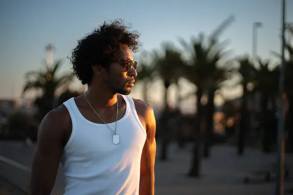 Günbatımında palmiye ağaçlarının önünde poz veren genç Brezilyalı bir model..