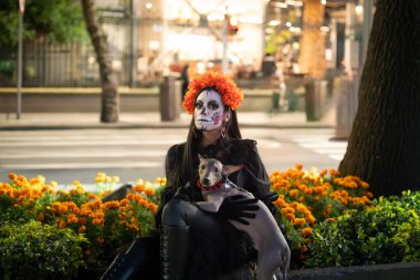 Meksikalı bir Catrina canlı bir kadife çiçeğinin önünde oturmuş, kucağında Xoloitzcuintli bir köpek tutuyor, sakin ve geleneksel bir sahne yaratıyor..