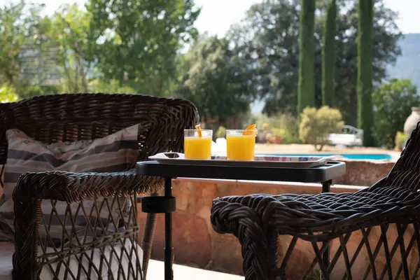 İki bardak portakal suyu bir masada oturur, her birinin kenarında bir dilim portakal vardır. Arka planda bir yüzme havuzu ve ağaçlar görülebilir..