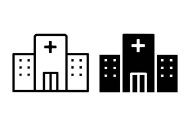 Hastane binası taslağı ve siyah doldurulmuş ikon seti. Vektör illüstrasyonu.