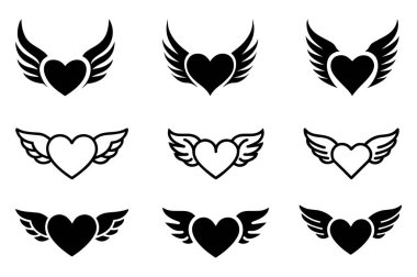 Bir grup kalp simgesi. Beyaz arkaplanda izole edilmiş siyah ve beyaz vektör çizimi.