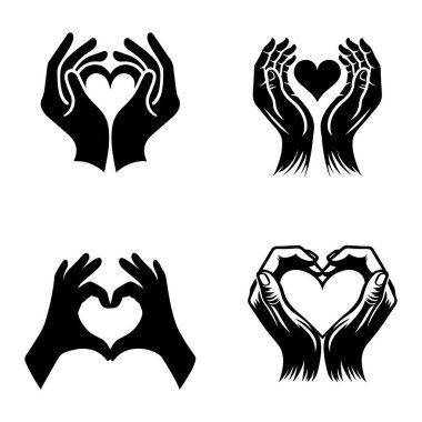 Bir grup kalp simgesi. Beyaz arkaplanda izole edilmiş siyah ve beyaz vektör çizimi.