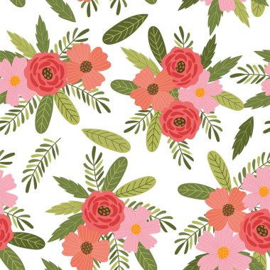 Çiçek ve yapraklardan oluşan bir desen, çiçekli elementlerin detaylı bir düzenini gösteren canlı bir tasarım varlığıdır. Tekstil baskıları, duvar kâğıdı tasarımları veya dekoratif sanat eserlerinde kullanım için mükemmel..