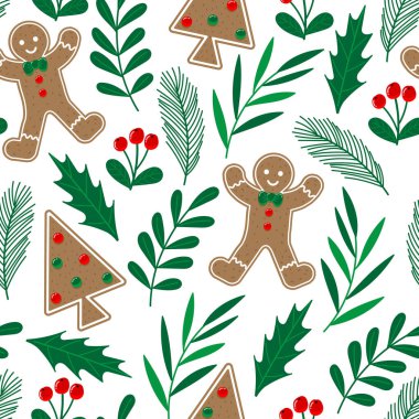 Zencefilli çörek deseni. Kurabiye ve yapraklarla dolu bir arka plan. Hediye paketi, kumaş, arkaplan ve daha fazlası için vektör illüstrasyonu