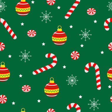 Noel şablonu. Mücevherat, yeşil arka planda şeker kamışı. Noel desenleri tatil temalı arka planlar, ambalaj kağıtları, tebrik kartları ve şenlikli dijital tasarımlar için uygundur..