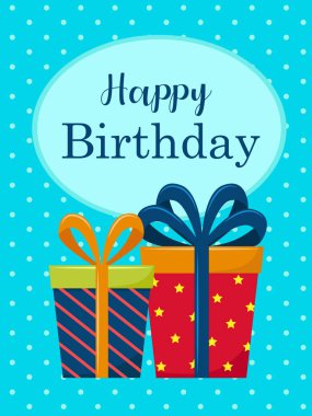 Doğum günü kartı vektörünüz kutlu olsun. Puantiyeli, hediyeli ve neşeli titreşimli doğum günü tasarımınız kutlu olsun. Doğum günü kartları, parti davetiyeleri ve kutlamalar için ideal..