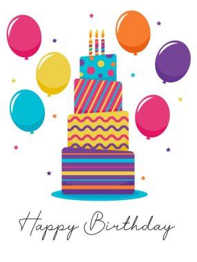 Doğum günü kartı vektörünüz kutlu olsun. Mumlu, balonlu, yıldızlı ve mutlu yıllar. Doğum günü kutlamaları, davetiyeler, kartlar ve kutlamalar için mükemmel..