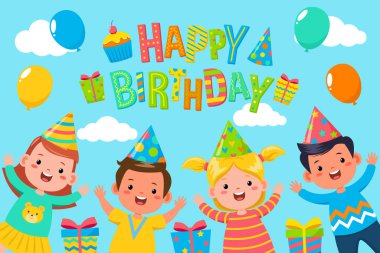 Mutlu yıllar vektör tasarımı, dört çocuğun kutladığı doğum günü kutlamaları, hediyeler, balonlar ve bir kekle mutlu yıllar. Doğum günü kartı tasarımları ve parti dekorasyonları için uygun.