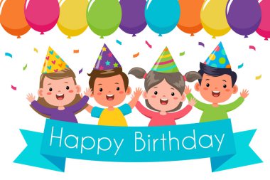 Doğum günün kutlu olsun, dört çocuk doğum gününü renkli balonlar ve konfetilerle kutluyor. Çocuklar için parti davetiyeleri, kutlama konseptleri, mutlu çocukluk temaları için mükemmel..