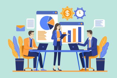 MobileBusiness çalışanları zaman ve para yönetimi konulu bir sunumda verileri grafikler, grafikler ve dizüstü bilgisayarlarla görüşmek üzere bir araya geliyorlar. İş sunumları için uygun.