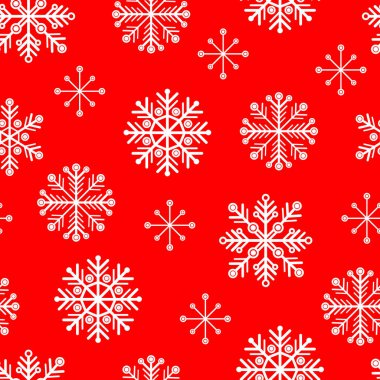 Kırmızı zemin üzerinde kusursuz beyaz kar taneleri, tekrarlanan desen. Tebrik kartları, ambalaj kağıtları ve dijital arka planlar gibi kış temalı tasarımlar için mükemmel..