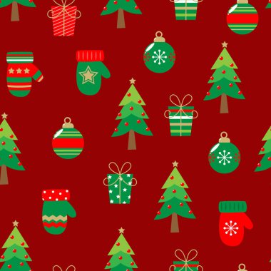 Ağaçlarla, süslemelerle, eldivenlerle ve canlı kırmızı bir zeminde hediyelerle süslenmiş kusursuz bir Noel kompozisyonu. Kutlama kartları, Noel arkaplanı, hediye paketi ve tatil tasarımları için fikirler.