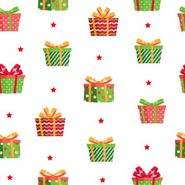  Kusursuz desenli kırmızı ve yeşil hediyeler, yaylar, beyaz arka plandaki yıldızlar. Noel, bayram, hediye, kutlama, tasarım projelerinde festival konseptleri için mükemmel.