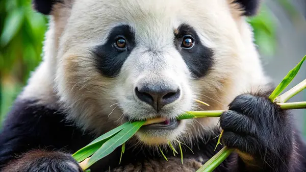 Panda parkta bambu yiyor.