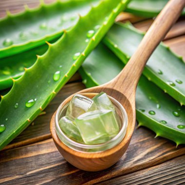 aloe vera yaprakları ve ahşap arka planda taze yağ.