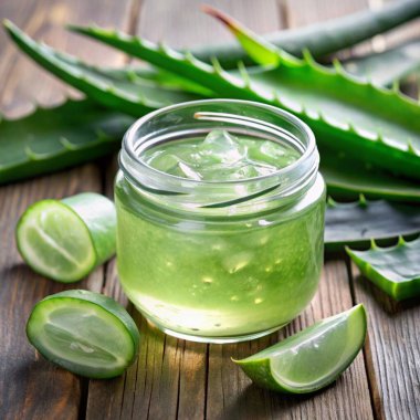 aloe vera suyu ve ahşap arka planda taze aloe vera.