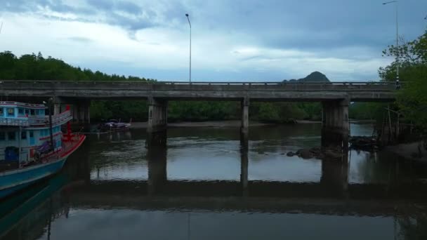 Fly Μέσω Μιας Γέφυρας Πάνω Από Ποτάμι Drone Και Αλιευτικό — Αρχείο Βίντεο