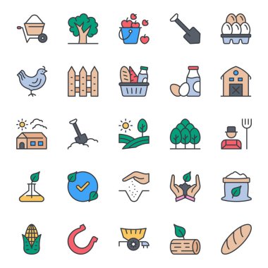 Tarım için doldurulmuş renk ana hatları simgeleri.