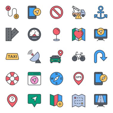 Harita ve gezinme için doldurulmuş renk özeti simgeleri.