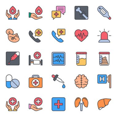 Tıbbi ve Sağlık için doldurulmuş renk özeti simgeleri.