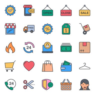 Alışveriş e-ticareti için doldurulmuş renk özeti simgeleri.