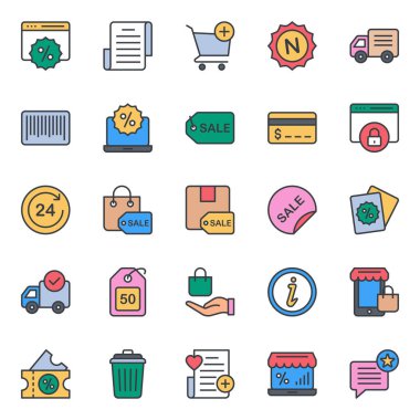 Alışveriş e-ticareti için doldurulmuş renk özeti simgeleri.