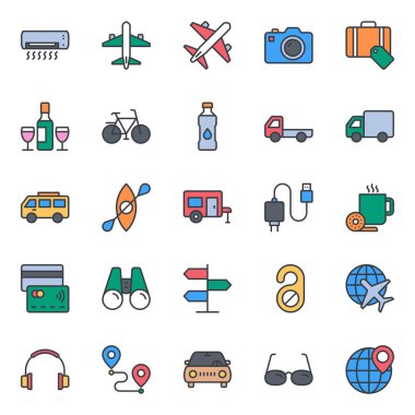 Seyahat için doldurulmuş renk özeti simgeleri.