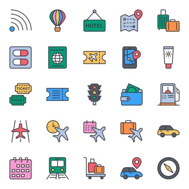 Seyahat için doldurulmuş renk özeti simgeleri.