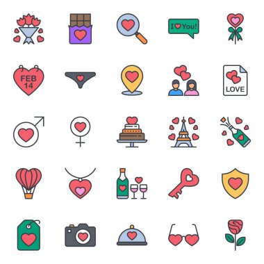 Sevgililer Günü için doldurulmuş renk özeti simgeleri.
