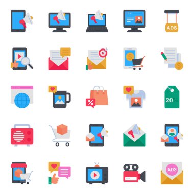 Pazarlama ve reklam için düz renk simgeleri ayarlandı.