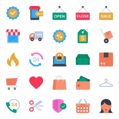 Alışveriş e-ticareti için düz renk simgeleri ayarlandı.