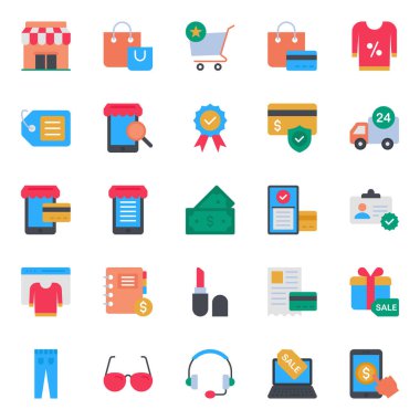 Alışveriş e-ticareti için düz renk simgeleri ayarlandı.