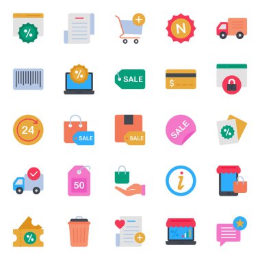 Alışveriş e-ticareti için düz renk simgeleri ayarlandı.