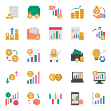 Borsa ve ticaret için düz renk simgeleri ayarlandı.