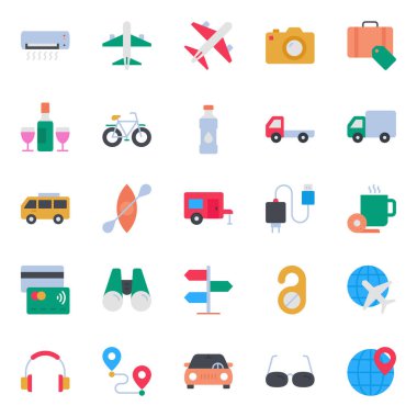 Seyahat için düz renk simgeleri ayarlandı.