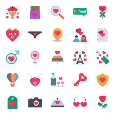 Sevgililer Günü için düz renk simgeleri ayarlandı.