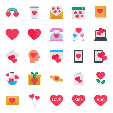 Sevgililer Günü için düz renk simgeleri ayarlandı.