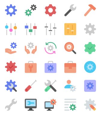 Ayarlar, dişliler, yapılandırma ve teknoloji için düz renk simgeleri ayarlandı.
