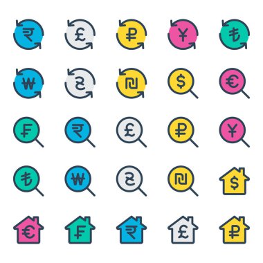 Para birimi ve finans için doldurulmuş taslak simgeleri.