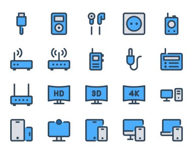 Aygıtlar ve donanım için doldurulmuş mavi dış hat simgeleri.