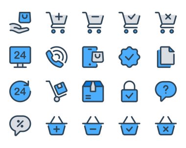 E-ticaret ve alışveriş için ayarlanmış mavi taslak simgeleri.