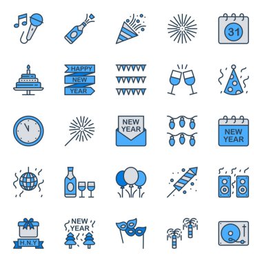 Mutlu yıllar için mavi taslak simgeleri ayarlandı.