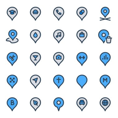 Konum iğneleri, işaretleyiciler, işaretleyiciler için doldurulmuş mavi dış hat simgeleri.