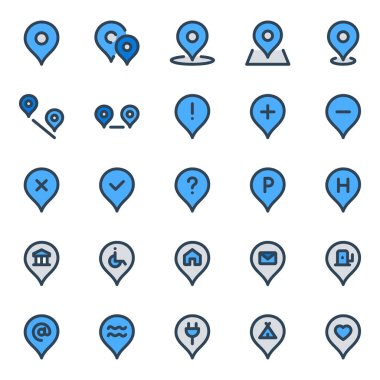 Konum iğneleri, işaretleyiciler, işaretleyiciler için doldurulmuş mavi dış hat simgeleri.